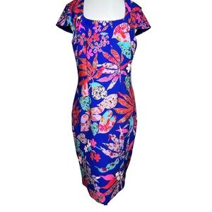 David Meister Cap-Sleeve Floral Ponte Sheath Dress, Blue/Multicolor Sz 12